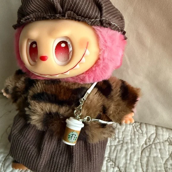 Labubu Leopard Print Sweater, Skirt w/ Hat Outfit + “Starbucks” Cup - Picture 3 of 8